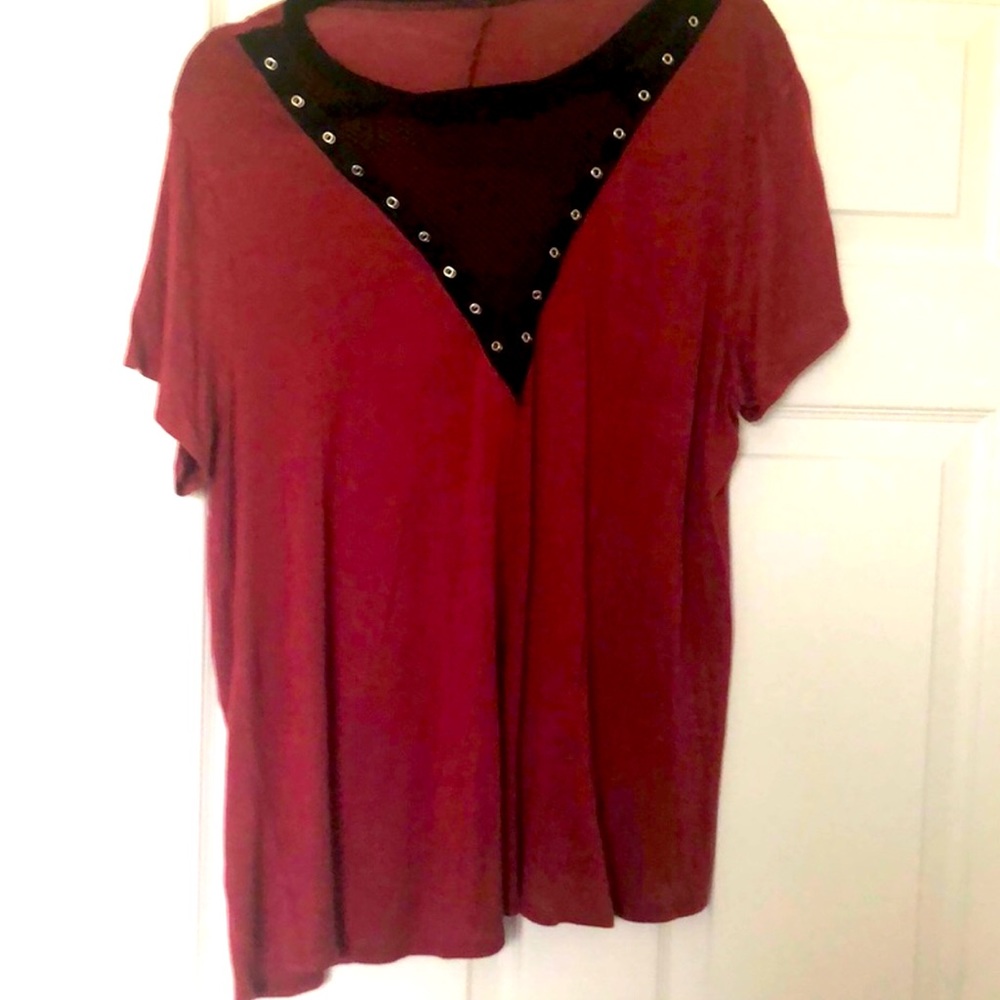 Maroon T with Mesh Neckline Size 1X